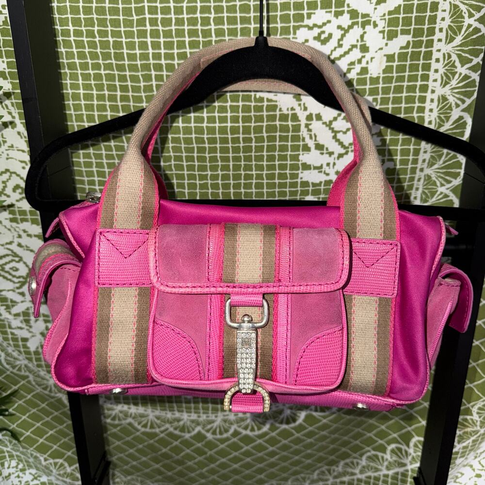 Vintage Michael Kors Pink Nylon Suede Satchel Bag Rhinestone Clasp Y2K McBling